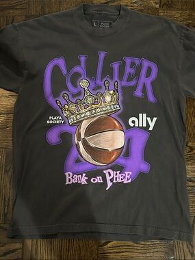 Society Black Tee with Purple 'Collier 24' Graphic and Gold Crown